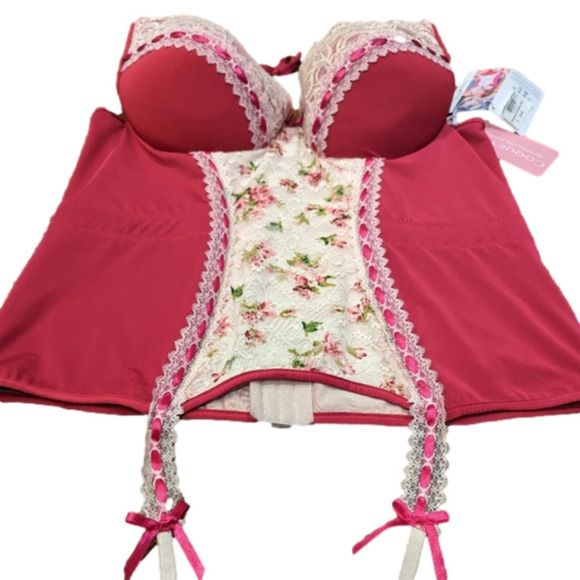 COQUETTE Plus Size Raspberry Lace floral Corset bustier, size 1x/2x - Picture 7 of 16